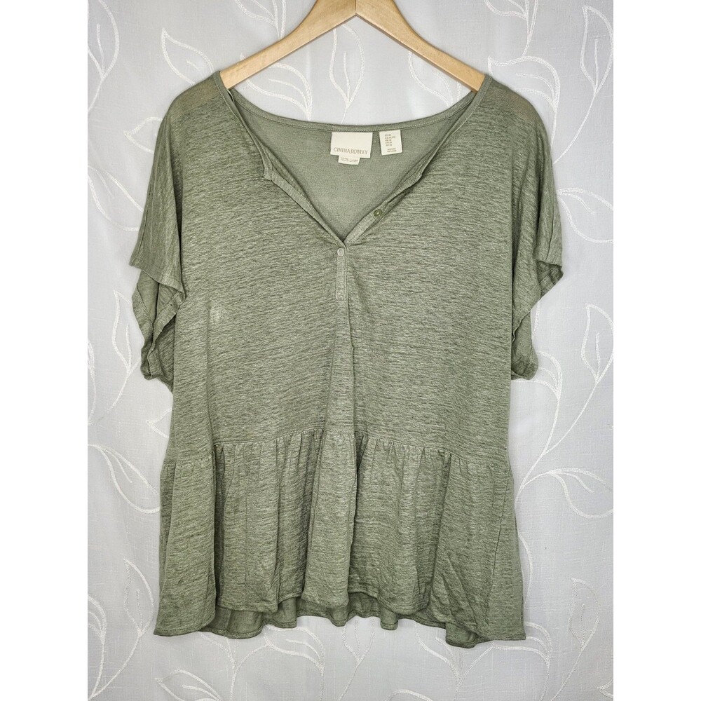 Cynthia Rowley 100% Linen Top Womens XL Green Ruffle Minimalist